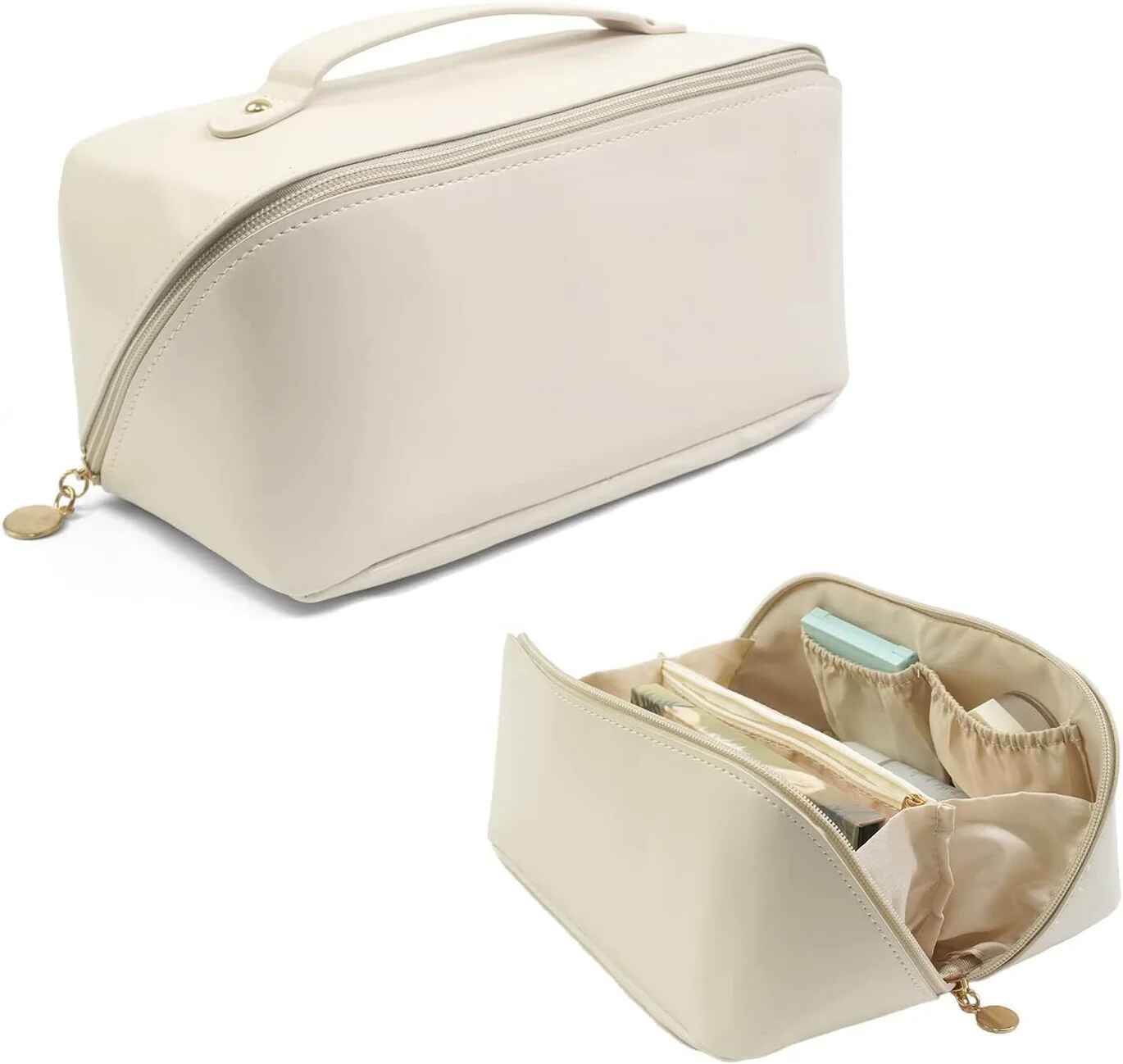 Cream Carry-Handle Makeup Organizer with Divided Interior